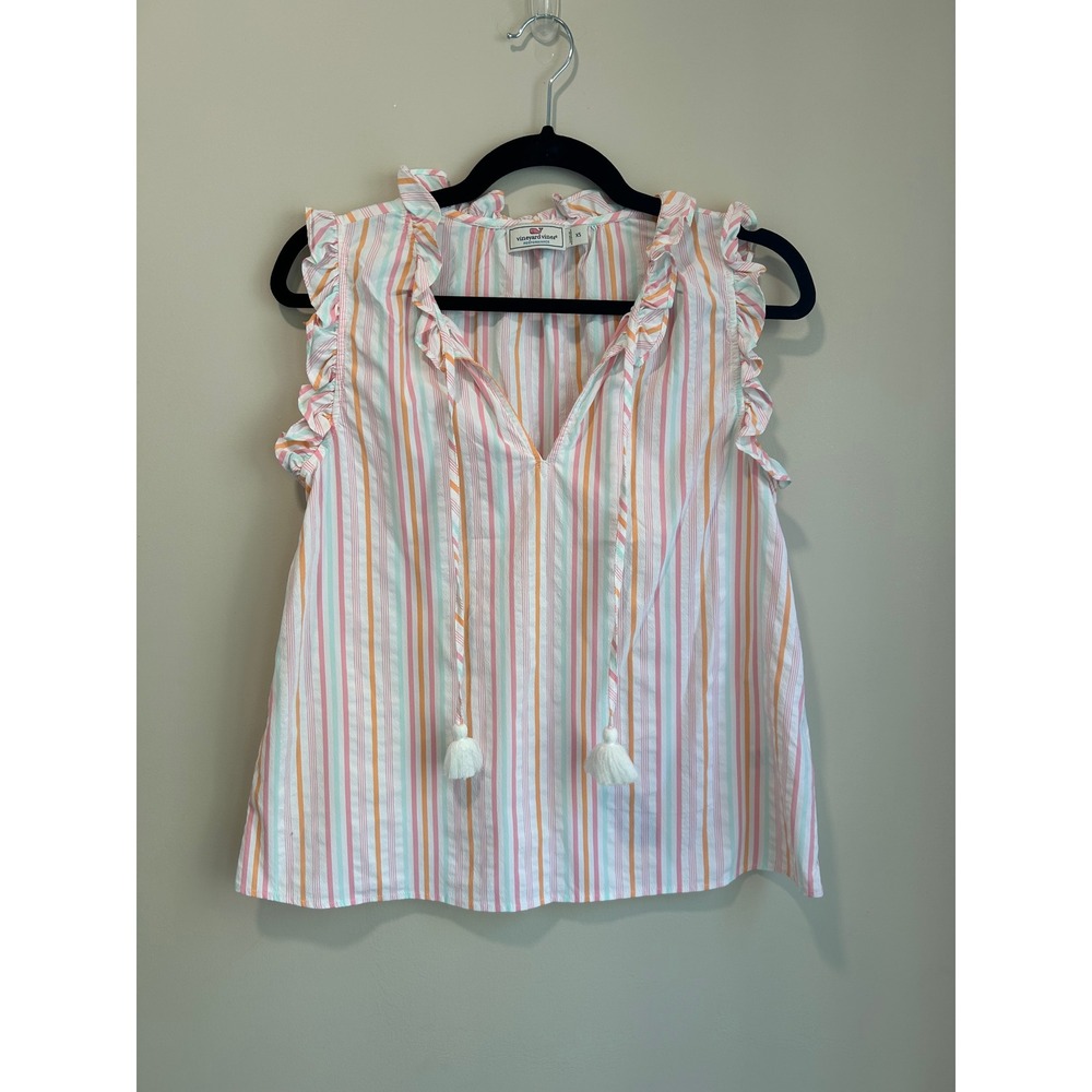 Vineyard Vines Performance Womens XS Pink Orange Striped Ruffle Tassel Blouse